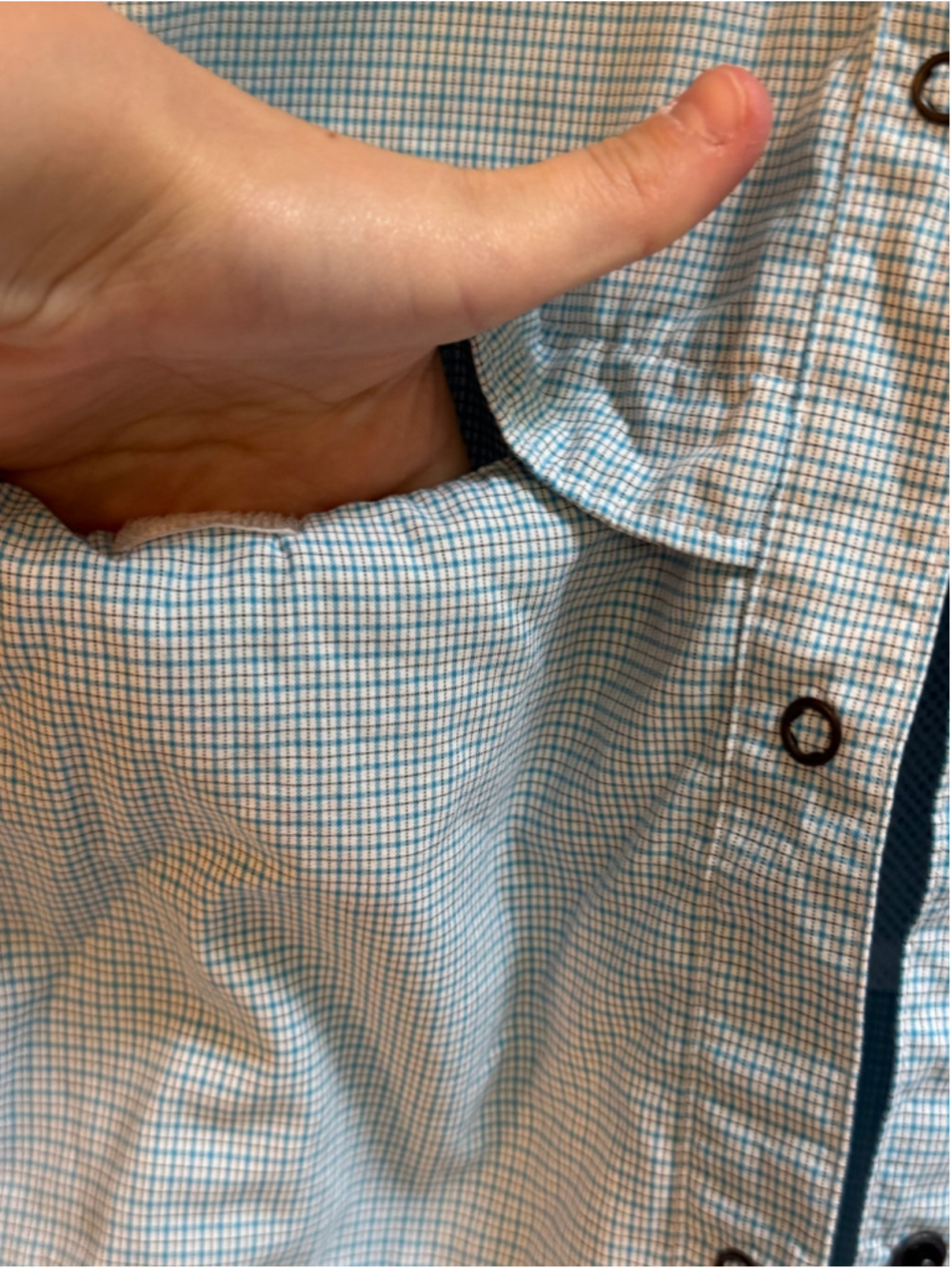 Women's ExOfficio Blue and White Plaid Long Sleeve Button Down Shirt, Size L - Picture 4 of 16